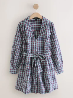 Next Mini Long Sleeve Collared Shirt Dress Navy Blue/Red Check Discount