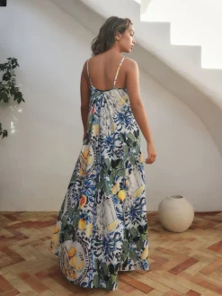Next Fruit Print Volume Maxi Dress Navy Blue/White Sardine Print New