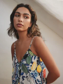 Next Fruit Print Volume Maxi Dress Navy Blue/White Sardine Print New