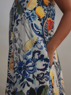 Next Fruit Print Volume Maxi Dress Navy Blue/White Sardine Print New