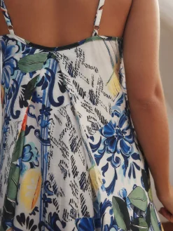 Next Fruit Print Volume Maxi Dress Navy Blue/White Sardine Print New