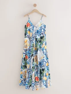 Next Fruit Print Volume Maxi Dress Navy Blue/White Sardine Print New
