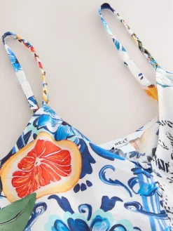 Next Fruit Print Volume Maxi Dress Navy Blue/White Sardine Print New