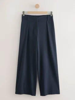 Next Navy Elastic Back Wide Leg Trousers With Wool