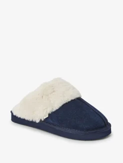 Next Navy Faux Fur Lined Suede Mule Slippers Sale
