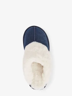 Next Navy Faux Fur Lined Suede Mule Slippers Sale