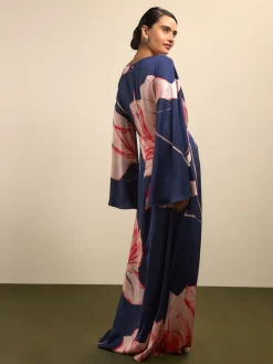 Next Twist Front Long Sleeve Satin Maxi Dress Navy Floral Best