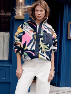 Next Navy Multi Graphic Floral Button Through Borg Jacket Clearance