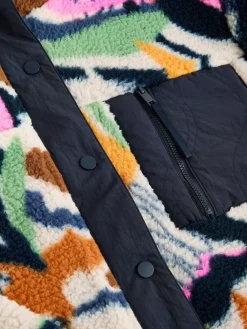 Next Navy Multi Graphic Floral Button Through Borg Jacket Clearance