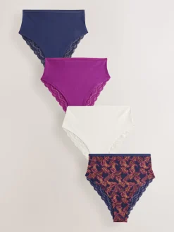 Next Navy Paisley High Rise High Leg Cotton Lace Knickers 4 Pack Clearance