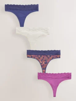 Next Navy Paisley Thong Cotton Lace Knickers 4 Pack Sale