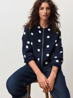 Next Smart Knit Collared Zip-Up Jacket Navy Polka Dot Outlet