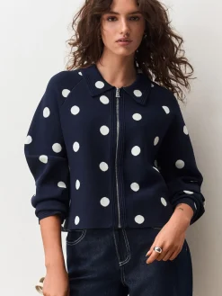 Next Smart Knit Collared Zip-Up Jacket Navy Polka Dot Outlet