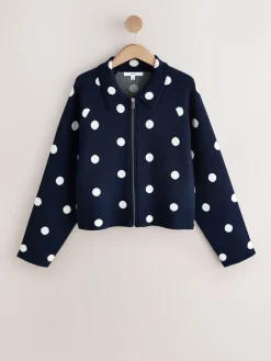 Next Smart Knit Collared Zip-Up Jacket Navy Polka Dot Outlet