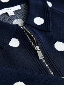 Next Smart Knit Collared Zip-Up Jacket Navy Polka Dot Outlet