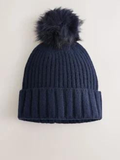 Next Navy Rib Knit Pom Hat Clearance