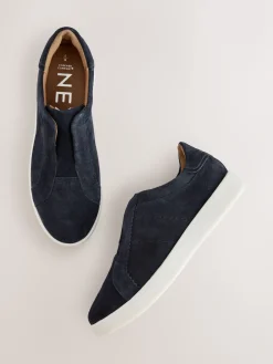 Next Signature Premium Leather Laceless Slip-On Trainers Navy Discount
