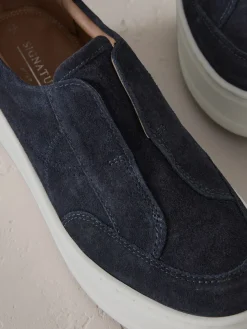 Next Slip On Signature Leather Chunky Wedge Platform Trainers Navy New