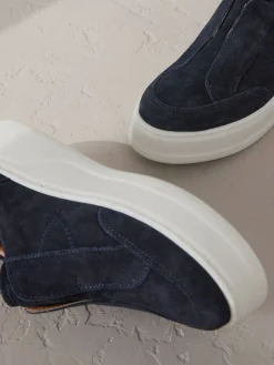 Next Slip On Signature Leather Chunky Wedge Platform Trainers Navy New