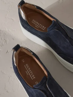 Next Slip On Signature Leather Chunky Wedge Platform Trainers Navy New