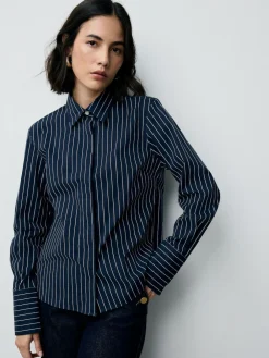 Next Navy Stripe Fitted Stretch Essential Long Sleeve Shirt Online