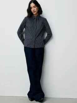 Next Navy Stripe Fitted Stretch Essential Long Sleeve Shirt Online