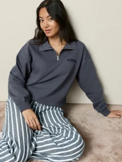 Next Half Zip Sweatshirt and Flannel Pyjamas Set Navy Stripe Clearance