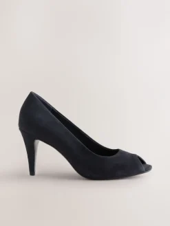 Next Premium Leather Peep Toe Heels Navy Suede New