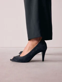 Next Premium Leather Peep Toe Heels Navy Suede New