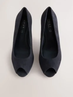 Next Premium Leather Peep Toe Heels Navy Suede New