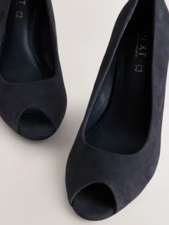 Next Premium Leather Peep Toe Heels Navy Suede New