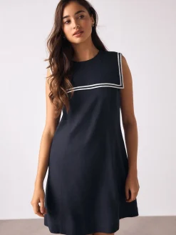 Next Navy with Ecru Tipping Sailor Collar Mini Dress with Linen New