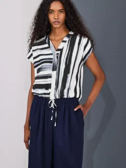 Next V-Neck Short Sleeved Tie Waist Top Navy/Black/White Clearance