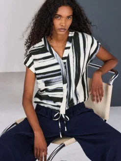 Next V-Neck Short Sleeved Tie Waist Top Navy/Black/White Clearance