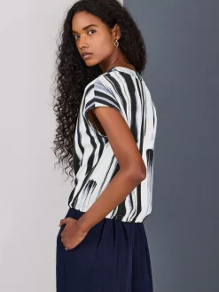Next V-Neck Short Sleeved Tie Waist Top Navy/Black/White Clearance