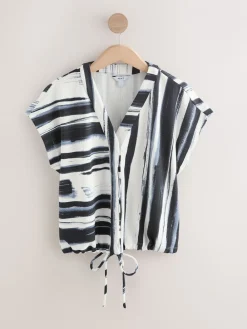 Next V-Neck Short Sleeved Tie Waist Top Navy/Black/White Clearance