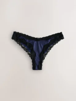 Next High Shine & Lace Trim Brazilian Knickers 2 Pack Navy/Champagne New