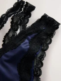 Next High Shine & Lace Trim Brazilian Knickers 2 Pack Navy/Champagne New