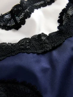 Next High Shine & Lace Trim Brazilian Knickers 2 Pack Navy/Champagne New