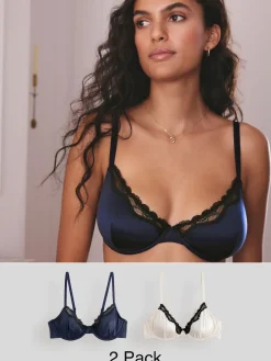 Next Non Pad Plunge High Shine Bra Navy/Cream Hot