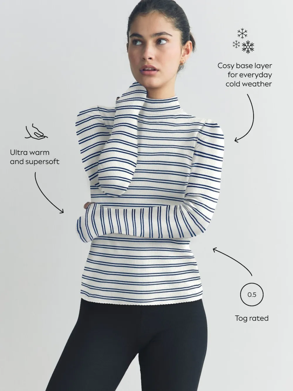 Next Thermal Maximum Warmth Cosy Ribbed Roll Neck Top Navy/Cream Stripe Best