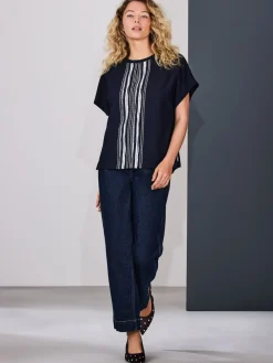 Next Short Sleeve Keyhole Crew Neck Top Navy/Ecru Stripe Best