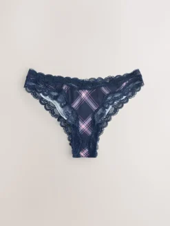Next Brazilian Mesh & Lace Knickers Navy/Pink Check