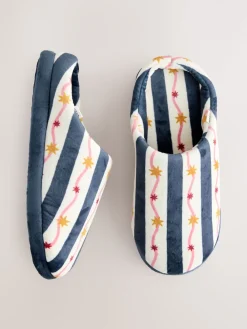 Next Navy/White Stripe Plush Mule Slippers Sale