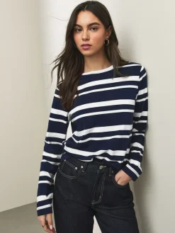 Next Navy/White Striped Long Sleeve Crew Neck T-Shirt New