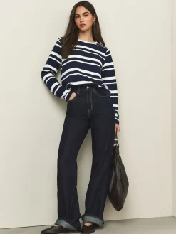 Next Navy/White Striped Long Sleeve Crew Neck T-Shirt New