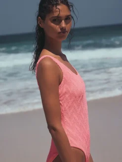 Next Neon Coral Pink Textured Scoop Neck Tummy Control Swimsuit Outlet