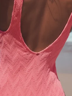 Next Neon Coral Pink Textured Scoop Neck Tummy Control Swimsuit Outlet