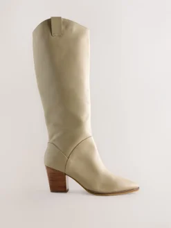 Next Forever Comfort® Western Block Heel Knee High Boots Neutral Leather New