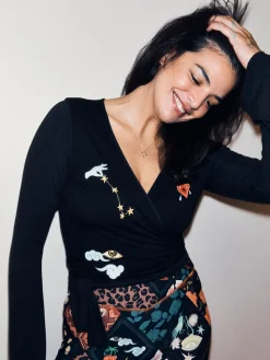 Never Fully Dressed Viscose Ballet Wrap Top Black Embroidery Clearance